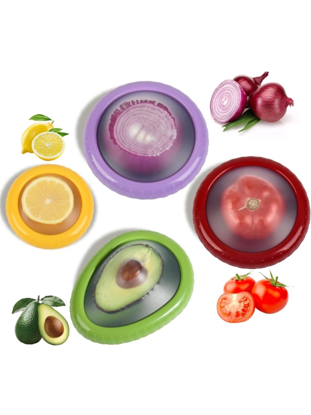 Source Unknown Silicone Food Saver Lids - Purple, Yellow, Green, Red